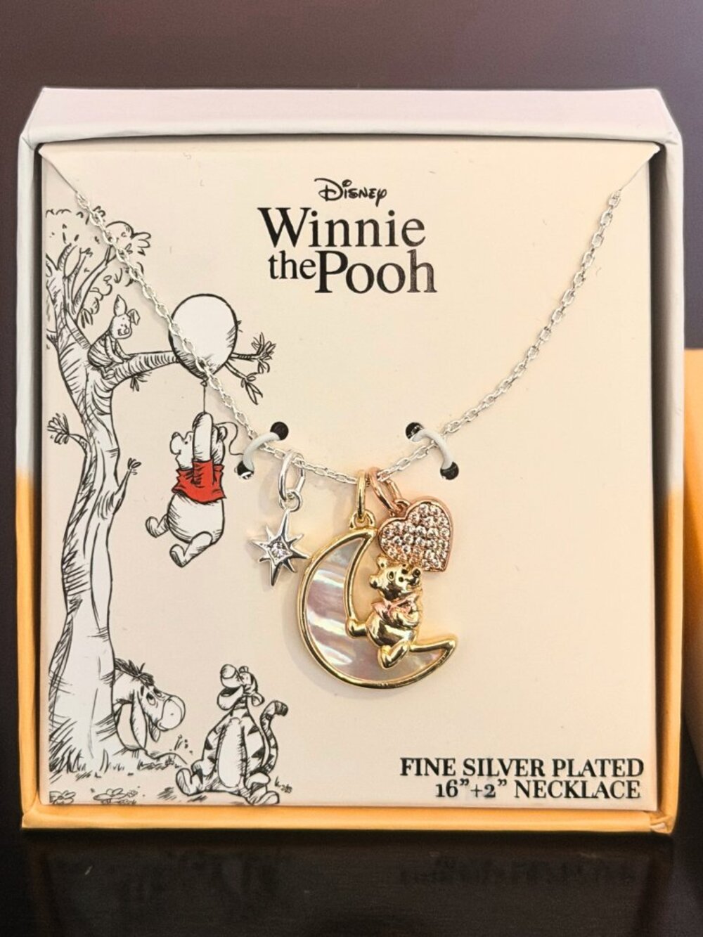 Disney Winnie the Pooh Fine Silver Plated Necklace w/ Charms 16" + 2" Rose Gold